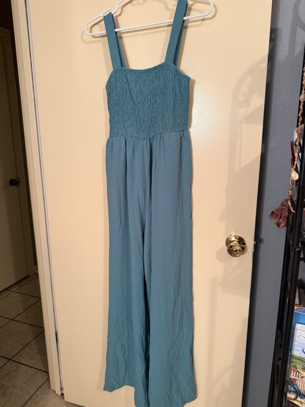 Smocked Bodice Wide-Leg Jumpsuit in Teal Blue